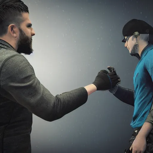 Image similar to the popular streamer moistcritikal offering a handshake, cinematic, gloomy background, realistic, digital art, character art, 8 k