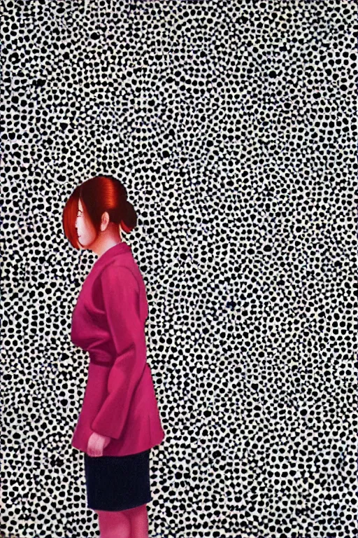 Image similar to hyper realistic painting of a japanese woman foreground by kei mieno, pattern background by yayoi kusama, highly detailed, symmetrical