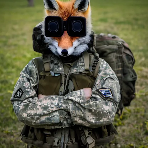 Prompt: a fluffy Fox dressed in a modern American military soldier uniform with night vision goggles, 85mm f/1.4