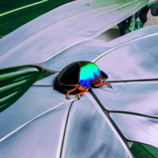 Prompt: a close-up photo of an iridescent scarab in top of a monstera leaf, octane render, realistic, shiny