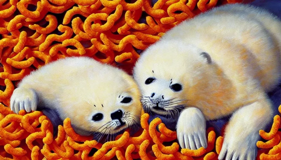 Image similar to highly detailed painting of cute furry white baby seals cuddling up in a big pile of wotsits and cheetos by william turner, thick brush strokes and visible paint layers, 4 k resolution