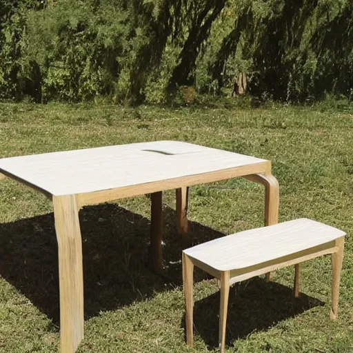 Prompt: a dining set made from pure recycled materials