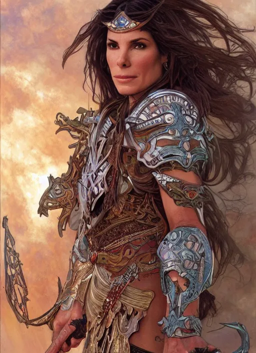 Prompt: Sandra Bullock as a beautiful warrior woman, fantasy, intricate, elegant, highly detailed, centered, digital painting, artstation, concept art, smooth, sharp focus, illustration, art by artgerm and donato giancola and alphonse mucha