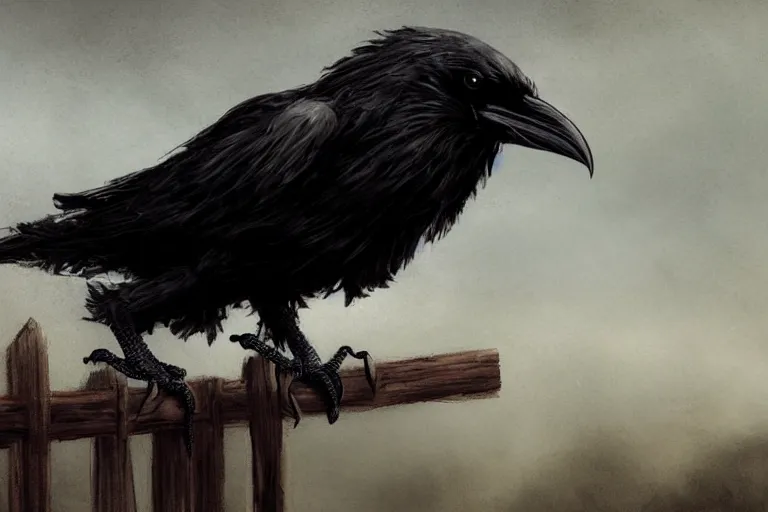 Prompt: a raven sitting on a fence post, grimdark matte fantasy painting, cinematic lighting, DeviantArt Artstation, by Brom and Linda Ravenscroft