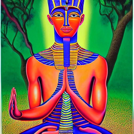 Image similar to painting of a Egyptian pharaoh meditating under a tree by Alex Grey, acrylic art, ethereal, soothing, somber, elegant, warm light, cozy, glows,