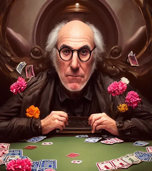 Prompt: portrait of larry david of the underworld playing poker, surrounded by flowers by karol bak, james jean, tom bagshaw, rococo, trending on artstation, cinematic lighting, hyper realism, octane render, 8 k, hyper detailed.