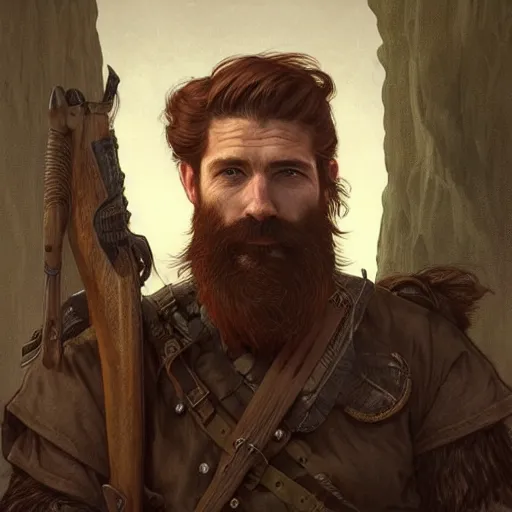 Prompt: portrait of a rugged ranger, 35 years old, beard, male, masculine, upper body, red hair, long hair, soft hair, D&D, fantasy, intricate, elegant, highly detailed, digital painting, artstation, concept art, matte, sharp focus, illustration, art by Artgerm and Greg Rutkowski and Alphonse Mucha