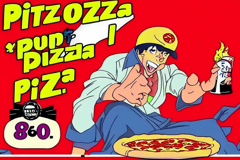 Image similar to pizza, 80s, advertisement, anime, explosion!!!!!!!!!!!!!!!