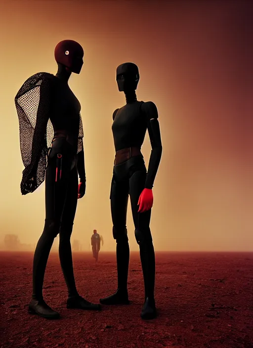 Image similar to cinestill 5 0 d photographic portrait by steve mccurry of two loving female androids wearing rugged black mesh techwear on a desolate plain with a red sky, extreme closeup, cyberpunk style, dust storm, 8 k, hd, high resolution, 3 5 mm, f / 3 2, ultra realistic faces, ex machina, blade runner