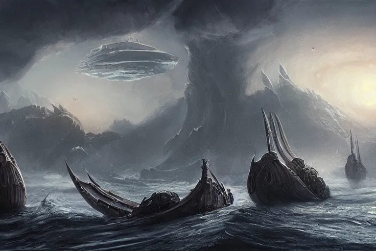 Image similar to Scylla and Charybdis menace a Trireme, Jason and the Argo by Jessica Rossier and HR Giger cinematic concept painting