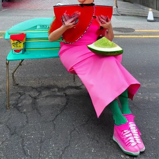 Prompt: lady gaga eating watermelon sitting on the street, lots of flies flying around