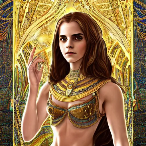 Prompt: Emma Watson as an Egyptian Goddess, cute, fantasy, intricate, elegant, highly detailed, digital painting, 4k, HDR, concept art, smooth, sharp focus, illustration, art by artgerm and H R Giger and alphonse mucha