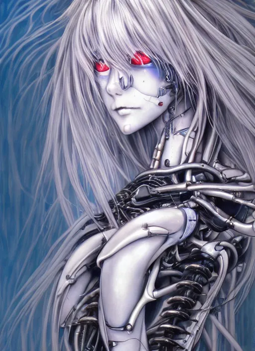 Image similar to Rei Ayanami by Yoshitaka Amano, by HR Giger, biomechanical, profile portrait, 4k, wide ayes, hyper detailed, hyperrealism, anime, a Blood Moon rising on a Broken World 4k very detailed deviantart artstation