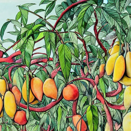 Prompt: a detailed painting titled mangoes grow up for a while now by gerald scarfe and ralph steadman