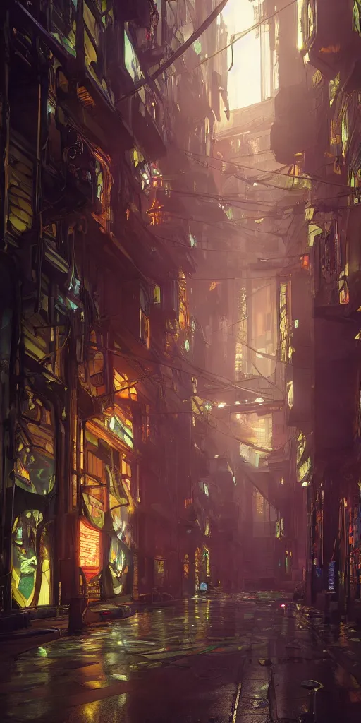 Prompt: cyberpunk alley by alphonse mucha, 8 k, raytracing, unreal engine 5,