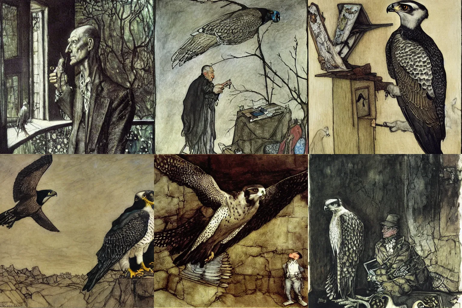 Prompt: a peregrine falcon cannot hear reason, painting by arthur rackham, george grosz and gregory crewdson