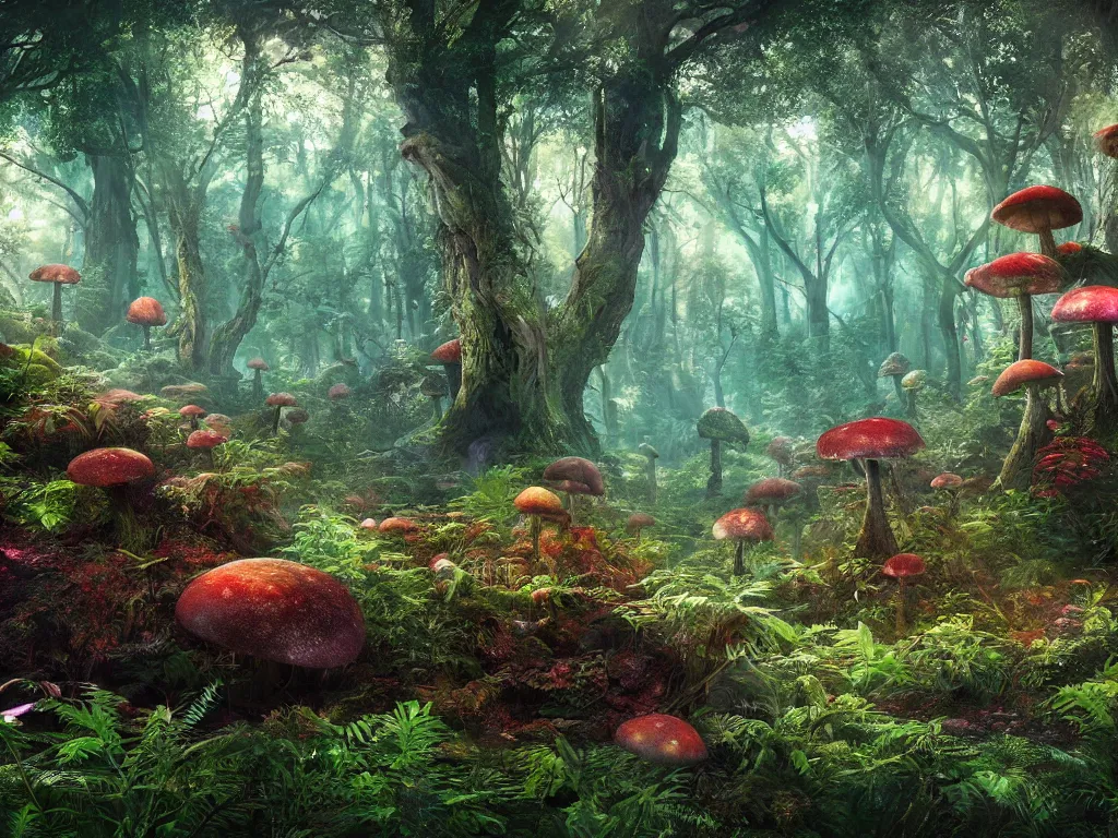 Prompt: a beautiful otherworldly fantasy landscape of a hidden forest with colorful mystical plants and huge psychedelic mushrooms as the trees, rendering, cryengine, vray render, cinema 4 d, cgsociety, bioluminescent