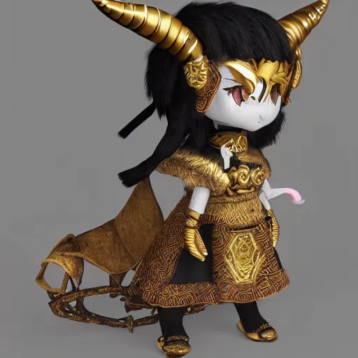 Prompt: cute fumo plush of a goat girl with horns, anime girl, tribal outfit with intricate celtic knot patterns, golden pauldrons, gothic maiden princess, artstation, vray