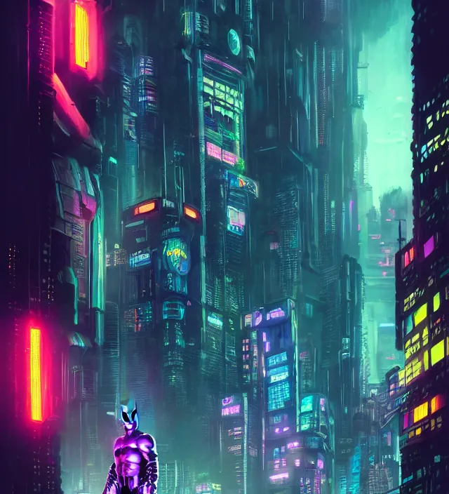 Prompt: character concept of cyberpunk - themed batman, blurry gotham city at night in the background, neon colourful lights | | cinematic rim lighting, global illumination, fine details by stanley artgerm lau, wlop, rossdraws, james jean, andrei riabovitchev, marc simonetti, and sakimichan, trending on artstation