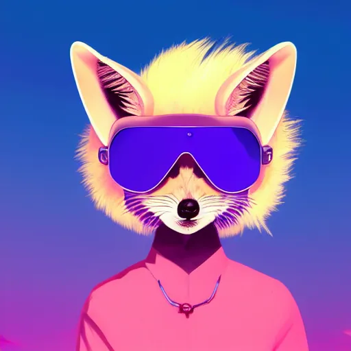 Prompt: fennec fox, pink and blue mohawk hairstyle, palm trees, furry, aviator sunglasses, synthwave style, artstation, detailed, award winning, dramatic lighting, miami vice