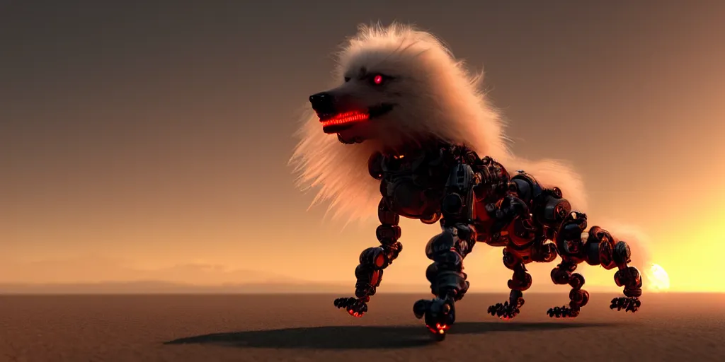 Image similar to a scary, evil, malevolent robotic canine appearance like a japanese spitz, robotic parts fused with the body and head, on a beach at sunset, this 4 k hd image is trending on artstation, featured on behance, well - rendered, extra crisp, features intricate detail and the style of unreal engine. golden hour