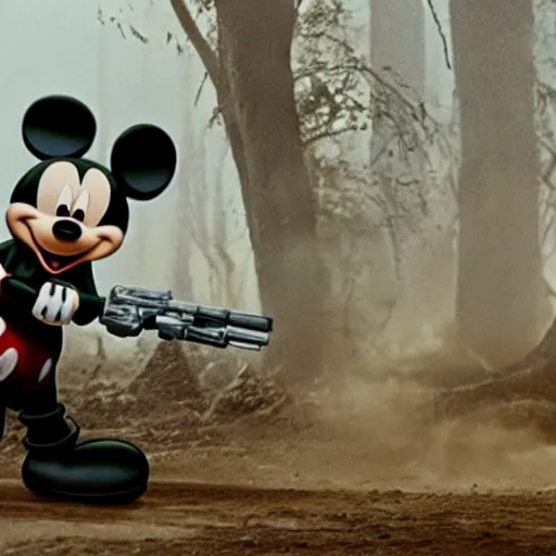 Image similar to film still of mickey mouse killing!! darth vader!! in the new star wars movie, 4 k