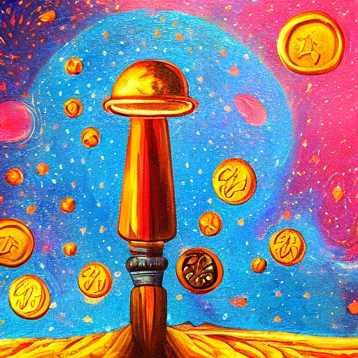 Prompt: a painting of a coin with space explosions