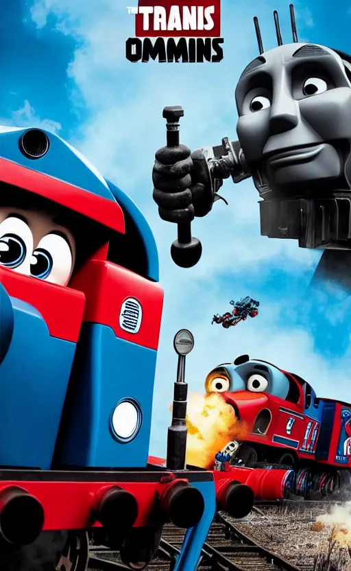 Image similar to thomas the tank engine vs. optimus prime : big revenge : coming soon to theaters, epic cinematic poster, post - apocalypse, demolition, dark, dramatic, real life, realistic, photo, photorealistic, detailed, high quality, high resolution, 8 k, hdr, 4 k