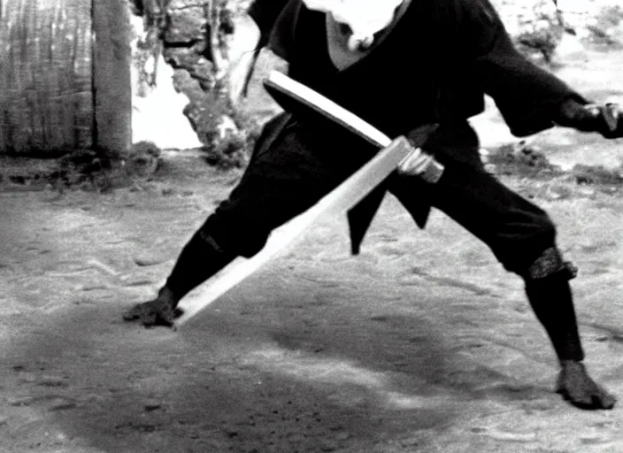 Image similar to a movie still of a samurai slicing through a loaf of bread by Akira Kurosawa