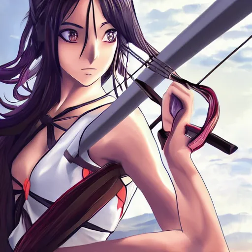 Prompt: woman with a bow and arrow anime, art illustration, incredibly highly detailed and realistic, 8 k, sharp focus