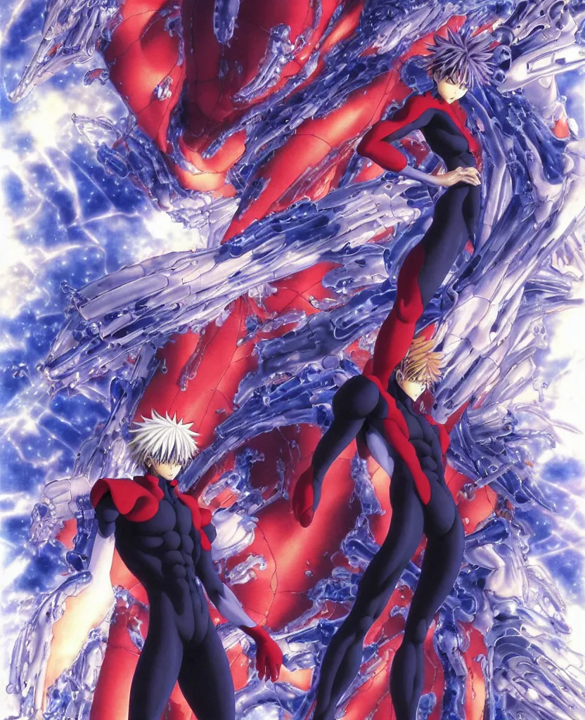 Image similar to symmetrical. realistic detailed image of third impact, realistic detailed male character, kaworu nagisa, depth perception, masterpiece, depth of field, action horror, gothic, vivid colors. art by yoshitaka amano, by yukito kishiro, by yoshiyuki sadamoto, by artgerm, by hajime sorayama