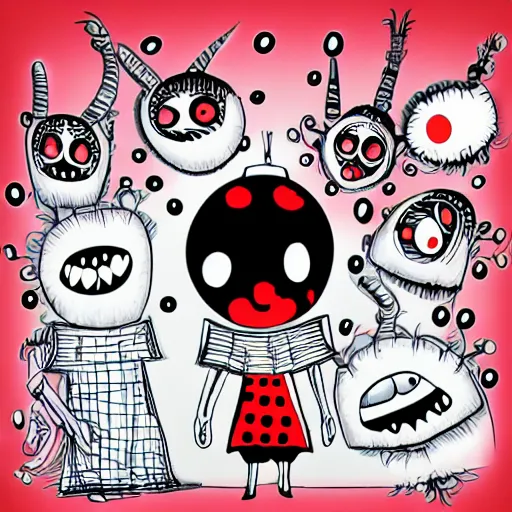 Image similar to ladybug as a monster, toyism art style, scary atmosphere, nightmare - like dream