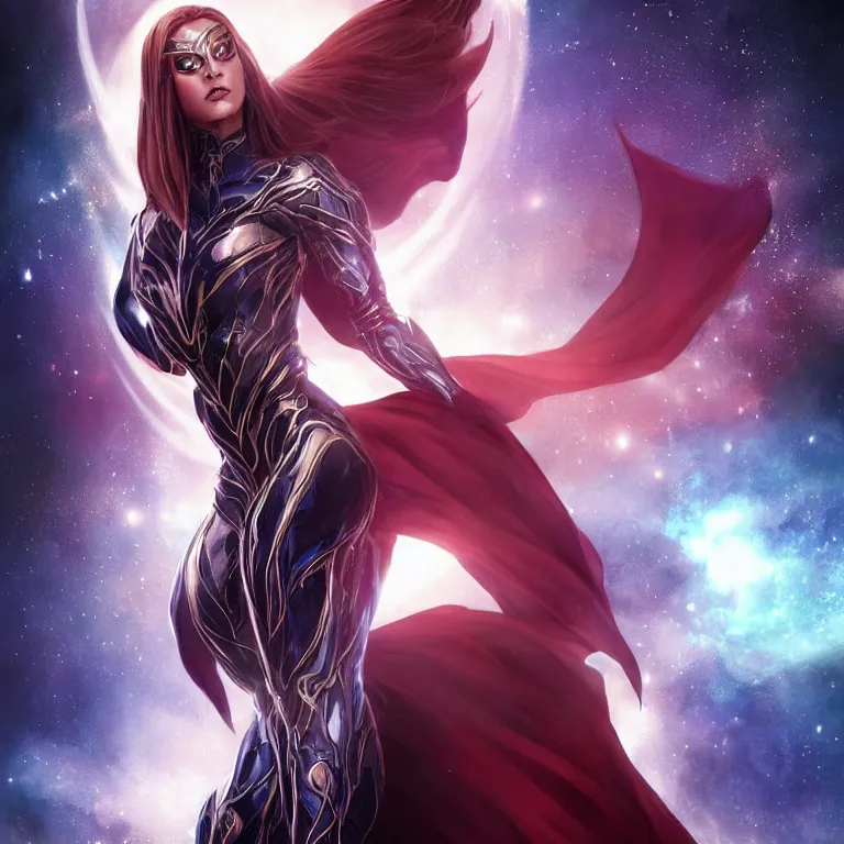 Image similar to beautiful cinematic fantasy poster, a beautiful woman in a superhero suit with a dramatic pose, beautiful glowing galaxy eyes, wideshot ultrawide angle epic scale, hybrid from The Elden Ring and art direction by Darius Zawadzki ;by artgerm; wayne reynolds art station; cinematic quality character render; low angle; ultra high quality model; production quality cinema model;