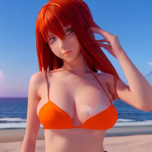 Image similar to render as a very beautiful 3d anime girl, short orange red hair, hazel eyes, full round face, short smile, cute bikini, serene beach setting, cinematic lightning, medium shot, mid-shot, highly detailed, trending on Artstation, Unreal Engine 4k, cinematic wallpaper