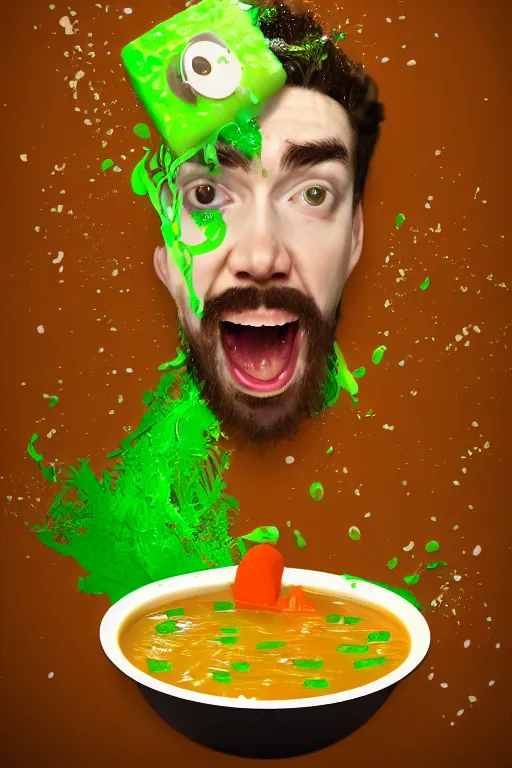 Prompt: 📷 jacksepticeye swimming in soup, made of food, head portrait, dynamic lighting, 4 k