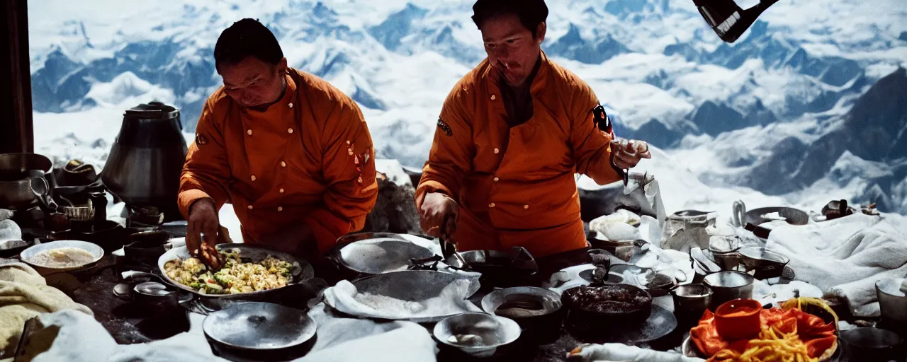 Image similar to the best chef in the world making a meal on top of mount everest, canon 5 0 mm, cinematic lighting, photography, retro, film, kodachrome