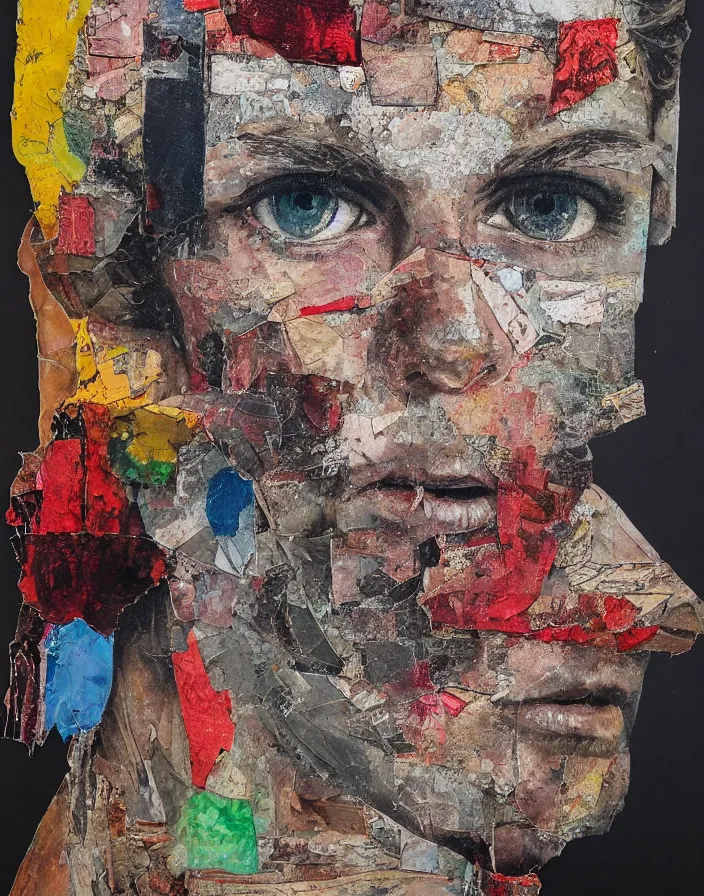 Prompt: double coloured boy in law detailed analogue mixed media collage with canvas texture in style of contemporary art, punk art, hyperrealistic beautiful face, photorealistic, expressionism, masterpiece, perfect composition, spectacular quality torn paper, intricate oil details, broken glass