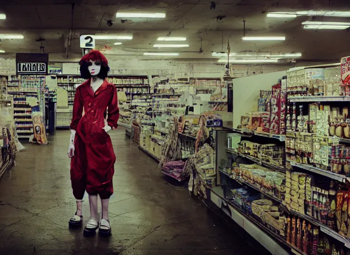 Image similar to 28mm photo of a woman in post apocalyptic supermarket, in the style of David cronenberg ,scary, weird, high fashion, ID magazine, vogue magazine, magazine, surprising, freaky, freak show, realistic, sharp focus, 8k high definition, medium format film photography, photo realistic, insanely detailed, intricate, elegant, art by yoshitaka amano and David kostic and stanley lau and artgerm