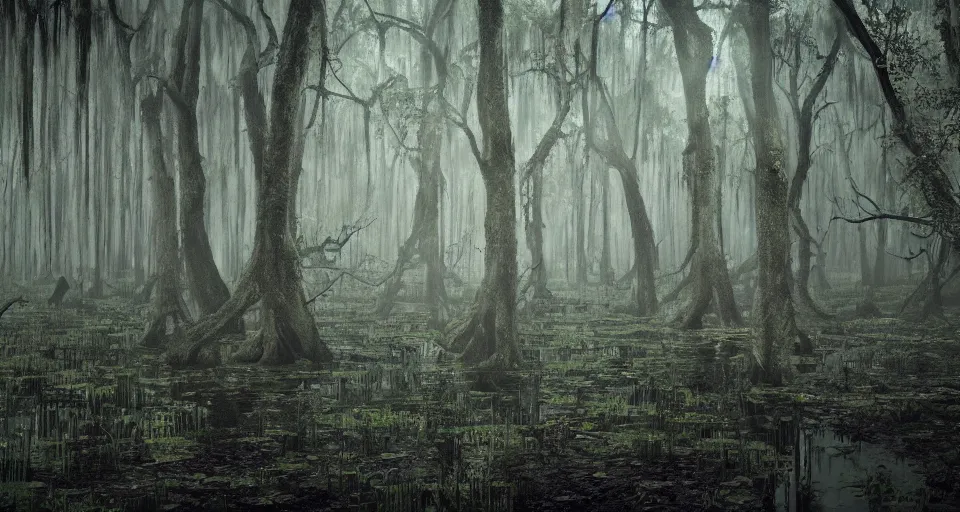 Image similar to A dense and dark enchanted forest with a swamp, with Cry engine