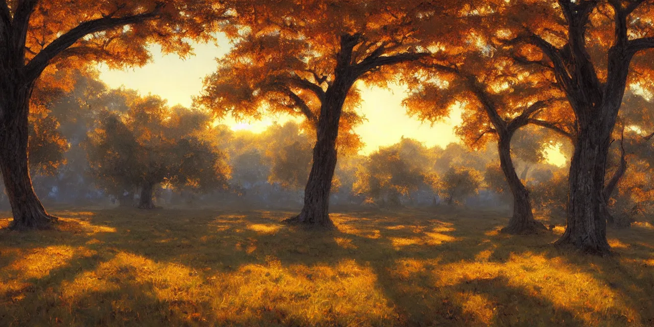 Prompt: a beautiful, stunning landscape with giant oak trees in the fall during sunset by craig mullins