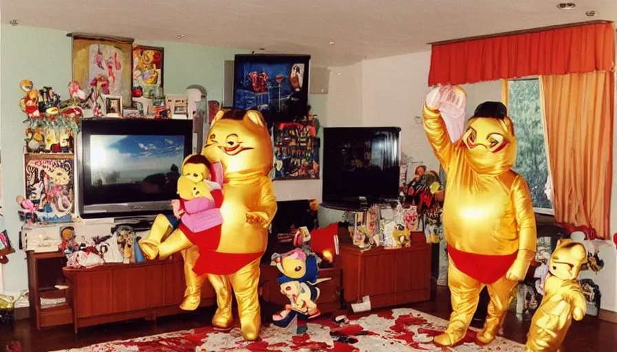 Image similar to 1990s candid 35mm photo of a beautiful day in the family living room, cinematic lighting, cinematic look, golden hour, a very large, oversized Japanese magical costumed luxury toy salesman mascot is teleporting out of the TV and aggressively selling the family and kids luxury toys by force, the costumed salesman is a very large giant, he has fancy decorations on his costume, there is a big luxury toy in the living room with the family, UHD