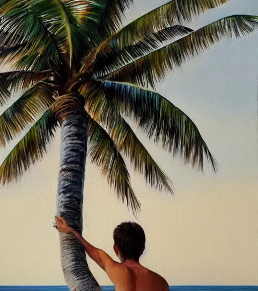 Image similar to coconut tree with human head. realism art, high detailed, fine art, trending on artstation, smooth draw, perfect lighting, sharp focus.