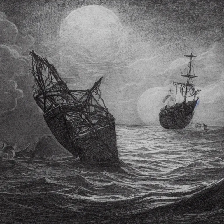 Image similar to the ship of theseus wrecked upon the night's plutonian shore, charcoal masterpiece by Edgar Allan Poe