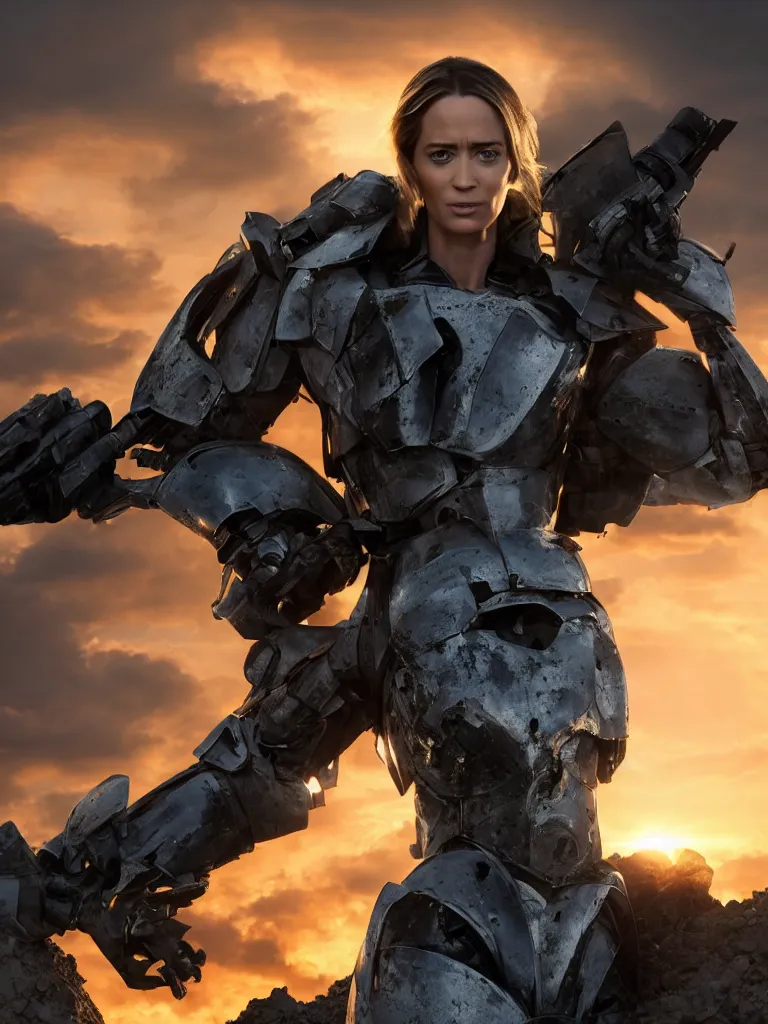 Image similar to emily blunt in futuristic power armor, close up portrait, solitary figure standing atop a pile of rubble, holding a sword on her shoulder, sunset and big clouds behind her