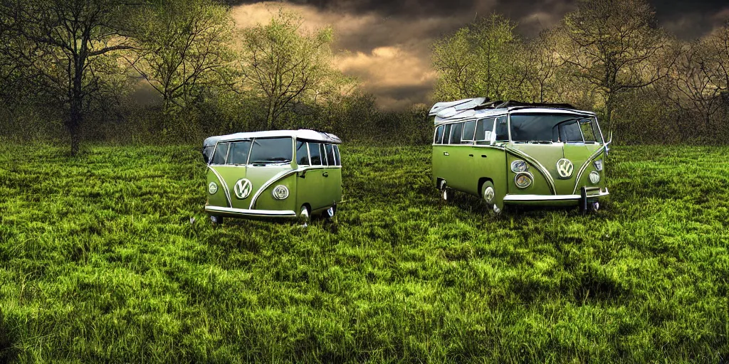 Prompt: field with over grown grass where a vw campervan is covered with moss corroding ,digital art, high detail, hyper realistic,