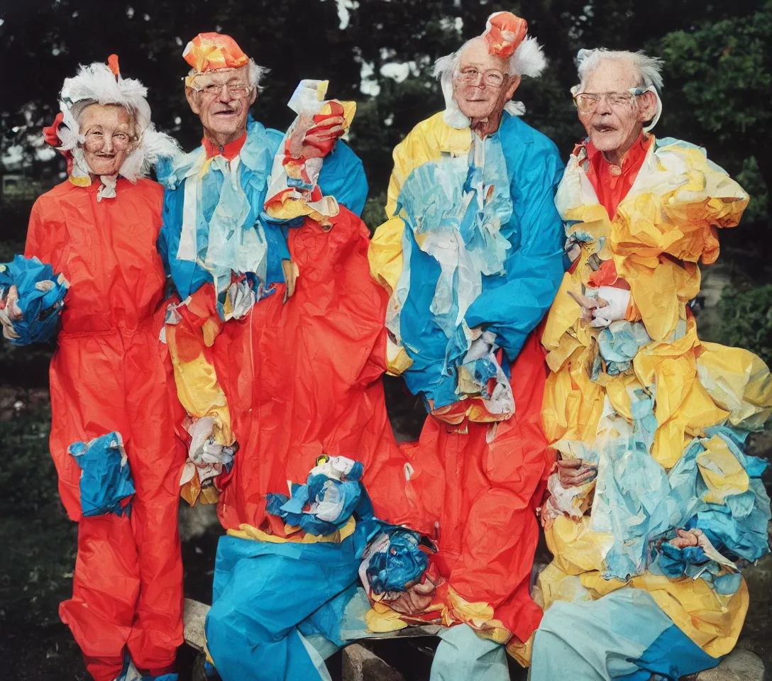 Image similar to a martin parr photo of a grandpa couple, wearing weird trash costumes, fujifilm velvia 5 0