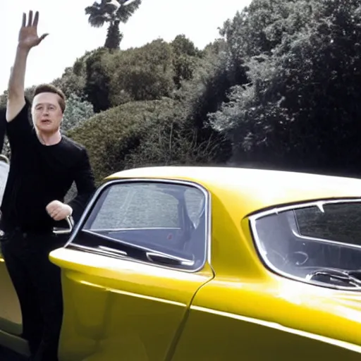 Image similar to elon musk waving from his lancia fulvia, award winning photograph