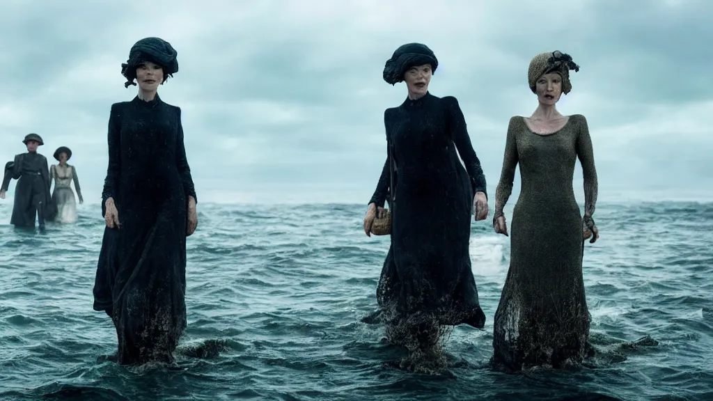 Prompt: photo of Helen McCrory and Annabelle Wallis coming out of the ocean, extreme detailed face, Peaky Blinders crew on the background, film still from the movie directed by Denis Villeneuve with art direction by Zdzisław Beksiński, wide lens