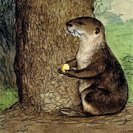 Prompt: an otter child holds a chestnut in its paws, Beatrix Potter,