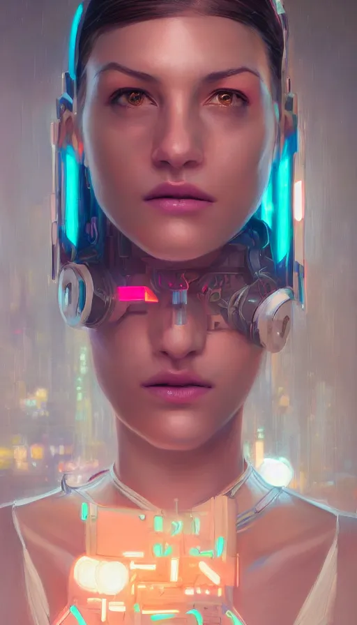 Image similar to a portrait of a beautiful cyberpunk woman with augmentations, neon reflections, by mandy jurgens, highly detailed, HD, oil on canvas